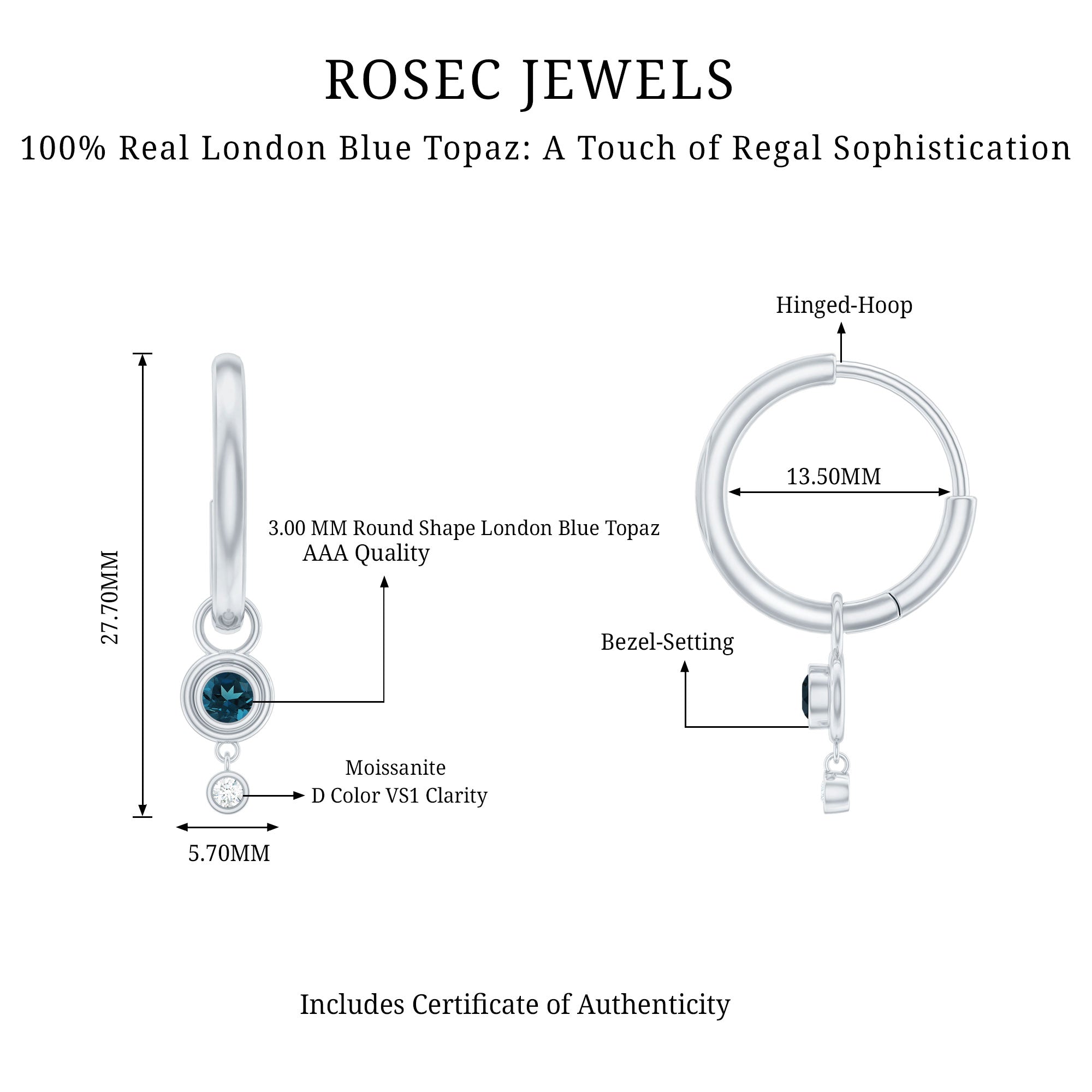 Bezel Set London Blue Topaz and Moissanite Hoop Drop Earrings