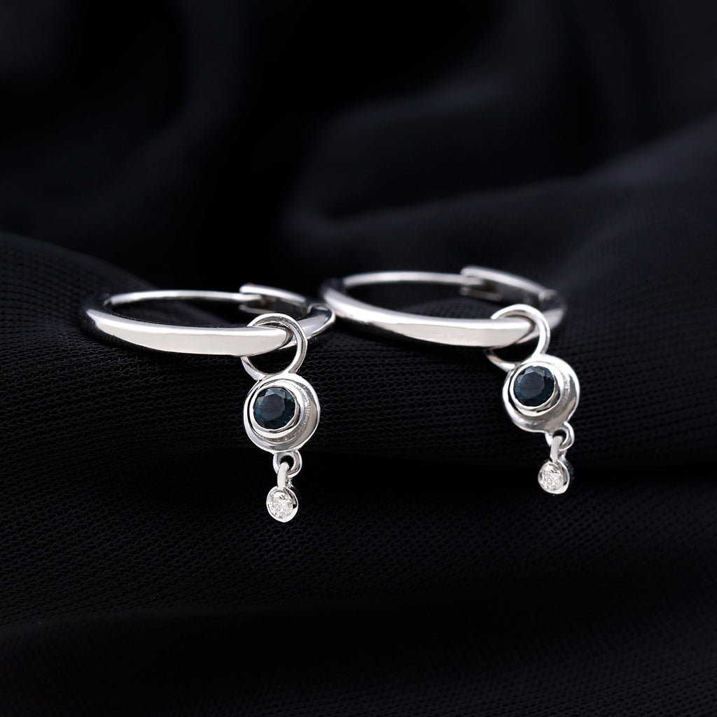Bezel Set London Blue Topaz and Moissanite Hoop Drop Earrings