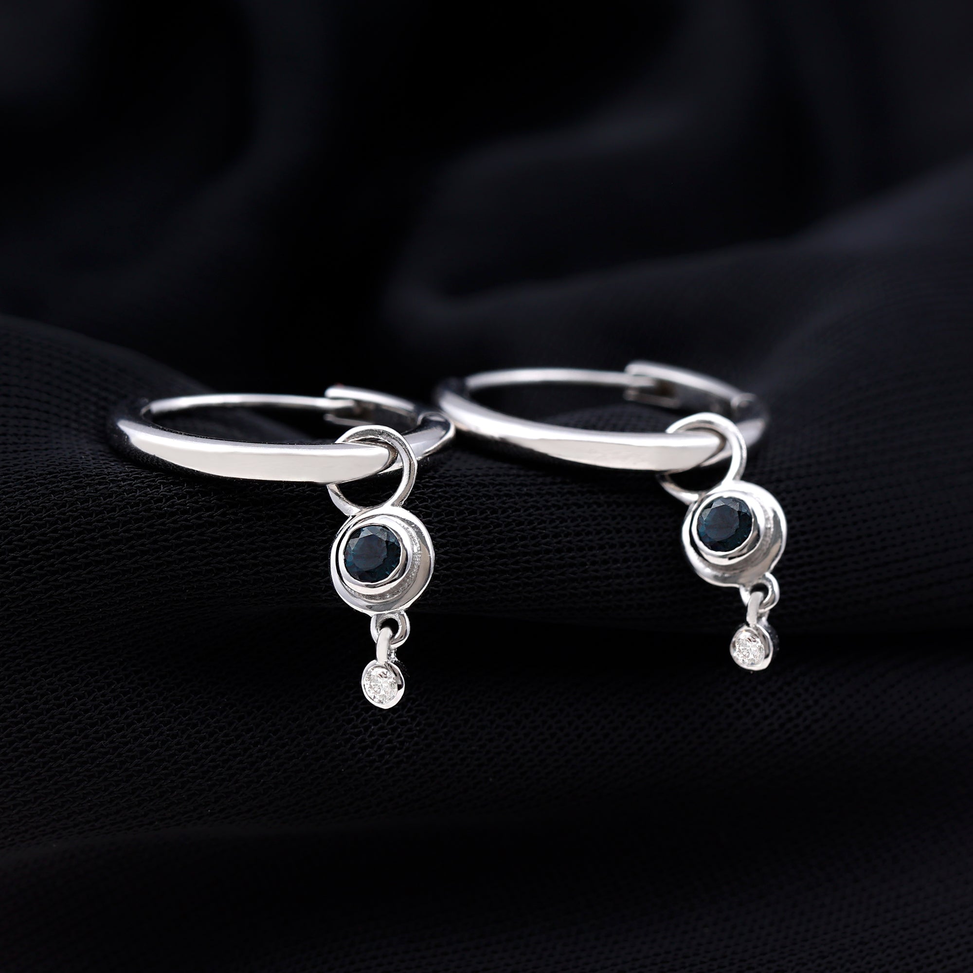 Bezel Set London Blue Topaz and Moissanite Hoop Drop Earrings