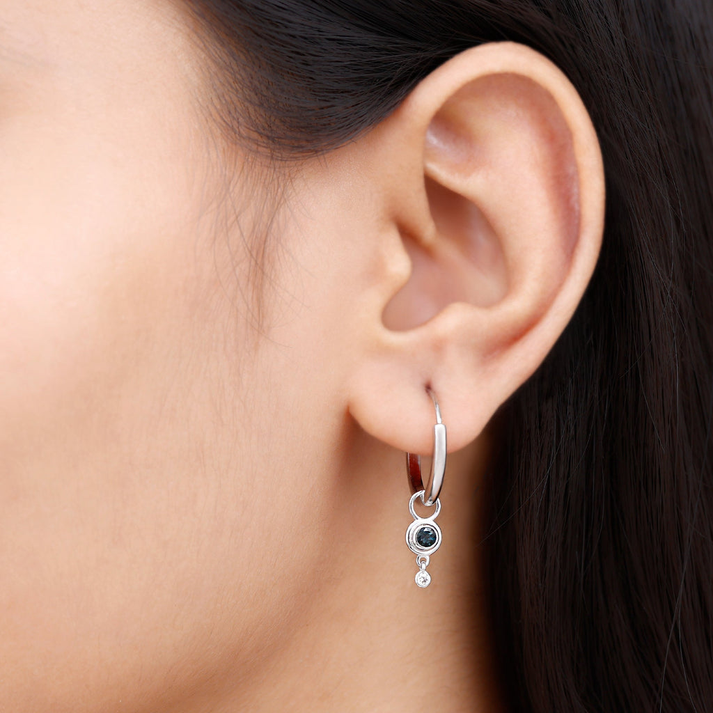 Bezel Set London Blue Topaz and Moissanite Hoop Drop Earrings