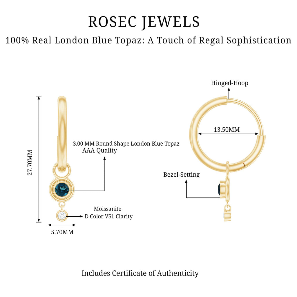 Bezel Set London Blue Topaz and Moissanite Hoop Drop Earrings