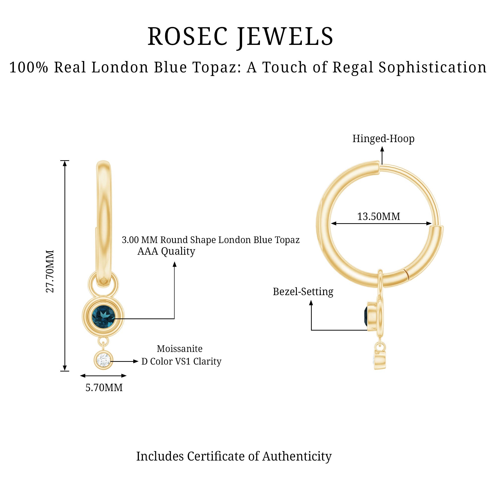 Bezel Set London Blue Topaz and Moissanite Hoop Drop Earrings