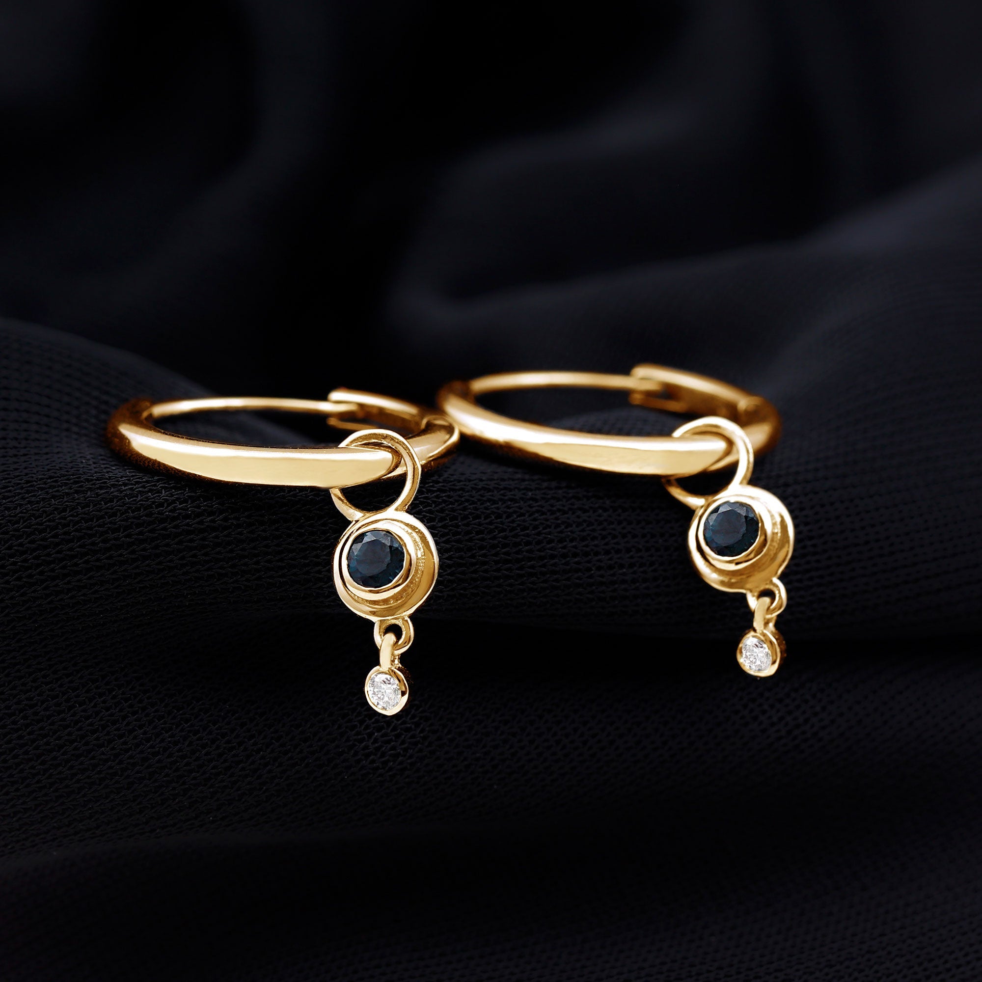 Bezel Set London Blue Topaz and Moissanite Hoop Drop Earrings