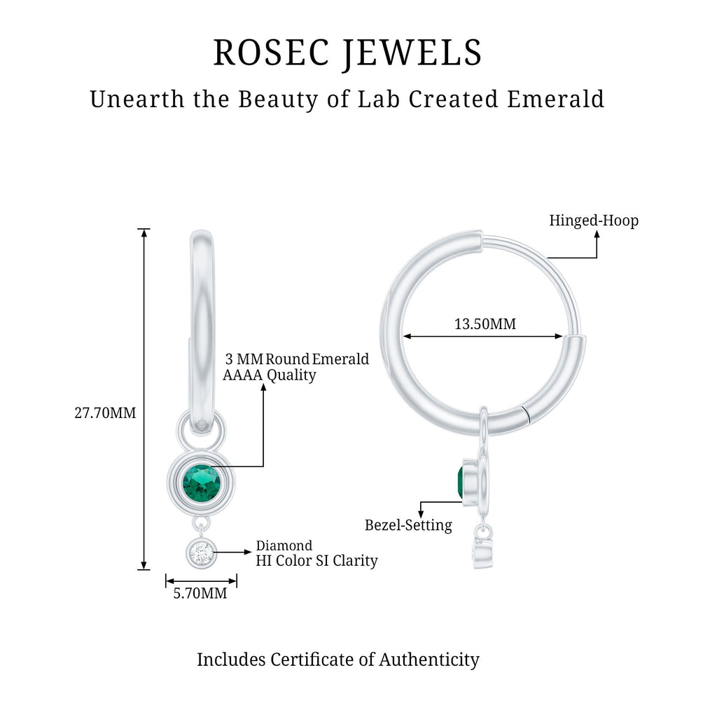 Certified Lab Grown Emerald and Diamond Drop Hoop Earrings