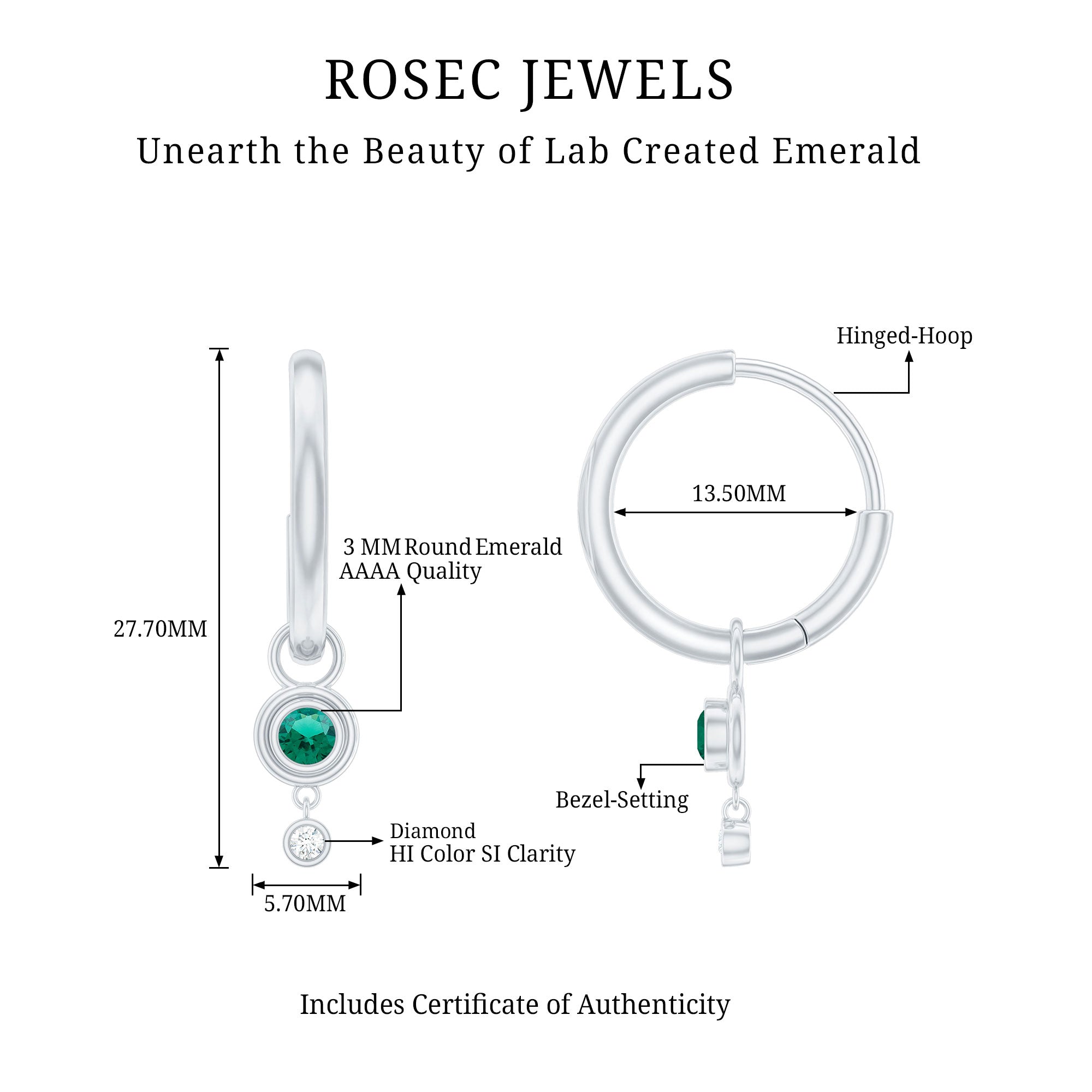 Certified Lab Grown Emerald and Diamond Drop Hoop Earrings