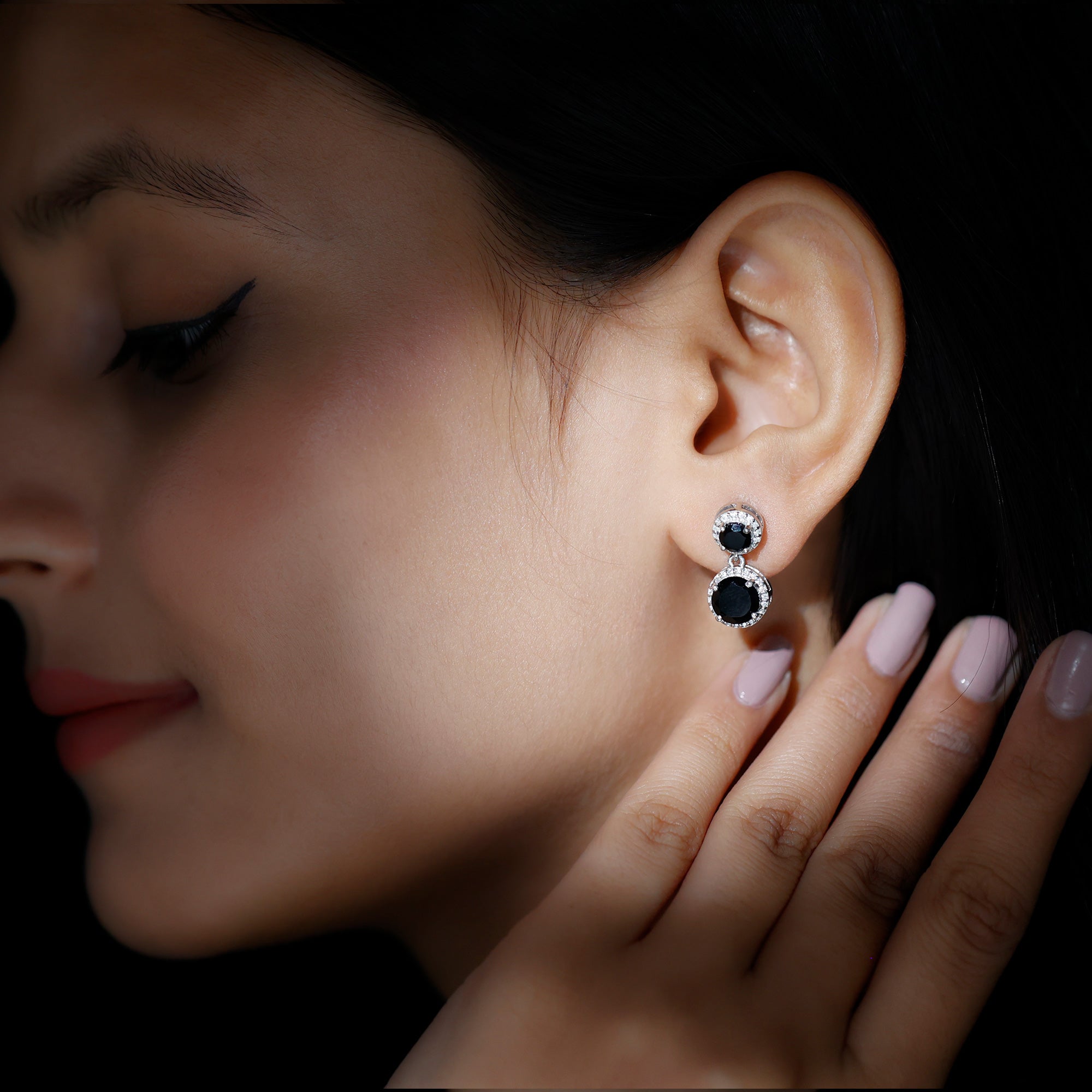 Natural Black Onyx and Moissanite Dangling Earrings