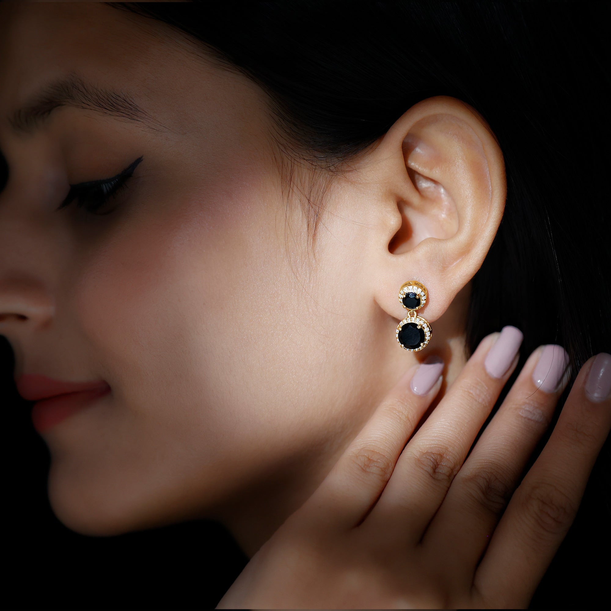 Natural Black Onyx and Moissanite Dangling Earrings