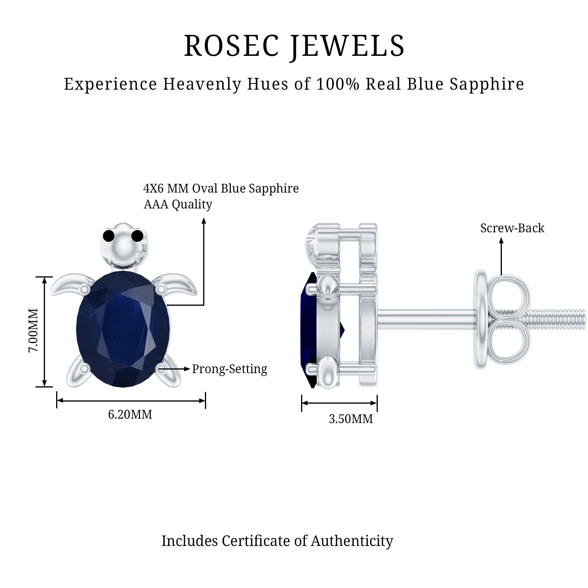 4X6MM Oval Cut Blue Sapphire Sea Turtle Earrings