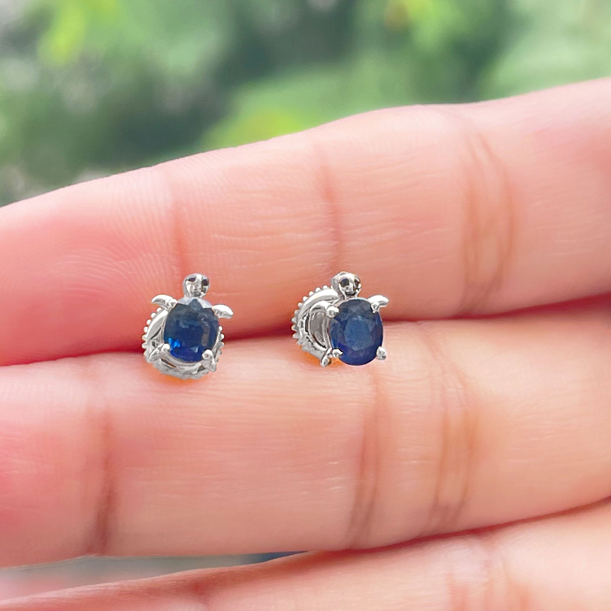 4X6MM Oval Cut Blue Sapphire Sea Turtle Earrings