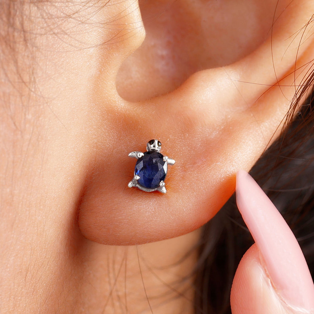 4X6MM Oval Cut Blue Sapphire Sea Turtle Earrings