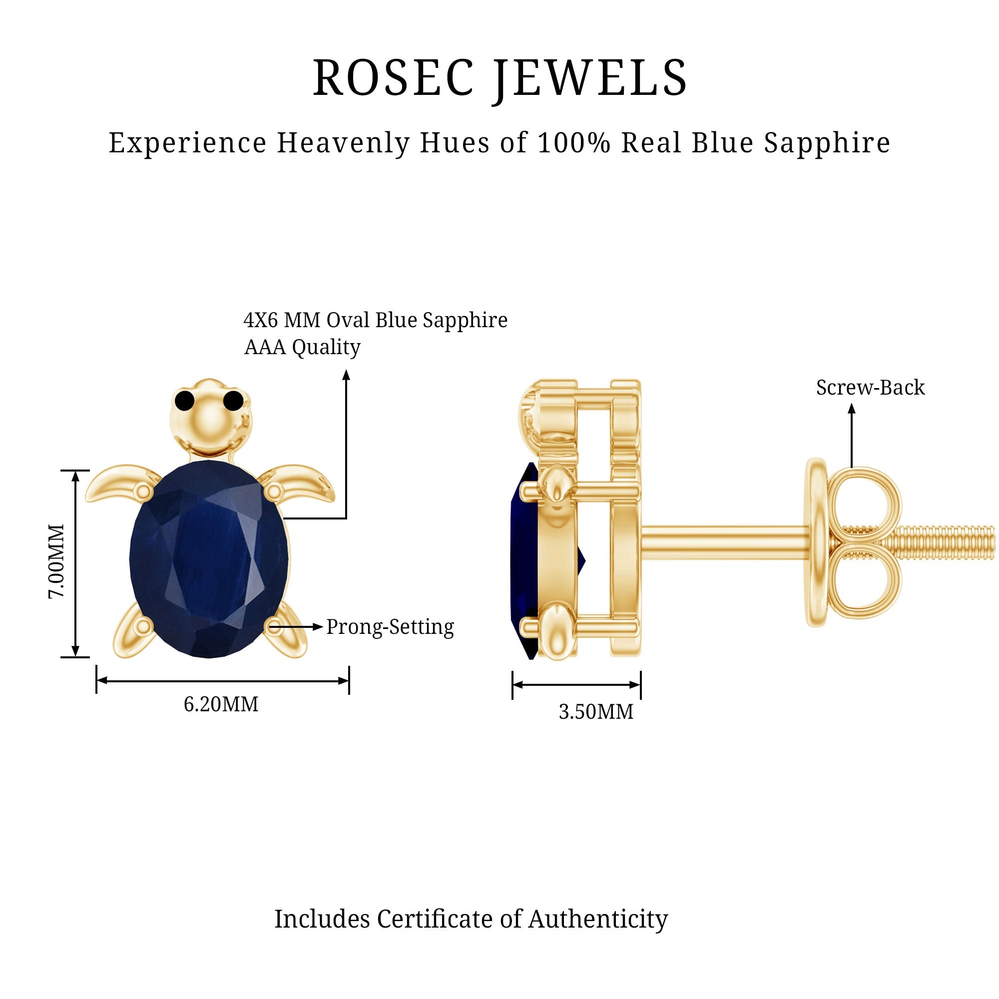 4X6MM Oval Cut Blue Sapphire Sea Turtle Earrings