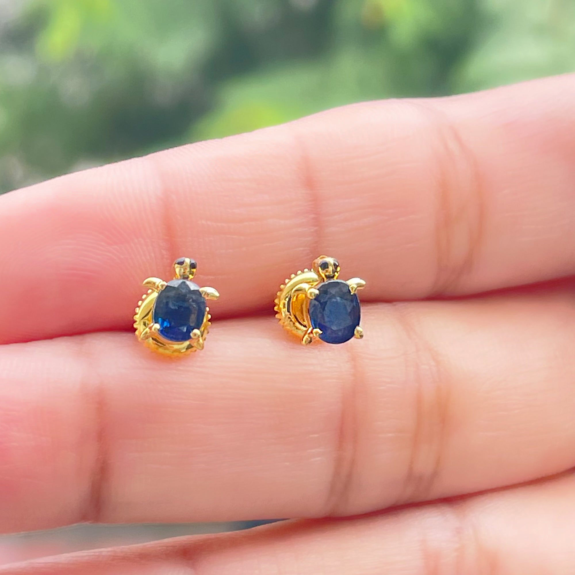 4X6MM Oval Cut Blue Sapphire Sea Turtle Earrings