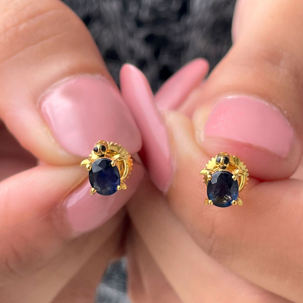 4X6MM Oval Cut Blue Sapphire Sea Turtle Earrings