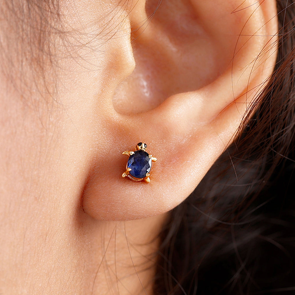 4X6MM Oval Cut Blue Sapphire Sea Turtle Earrings