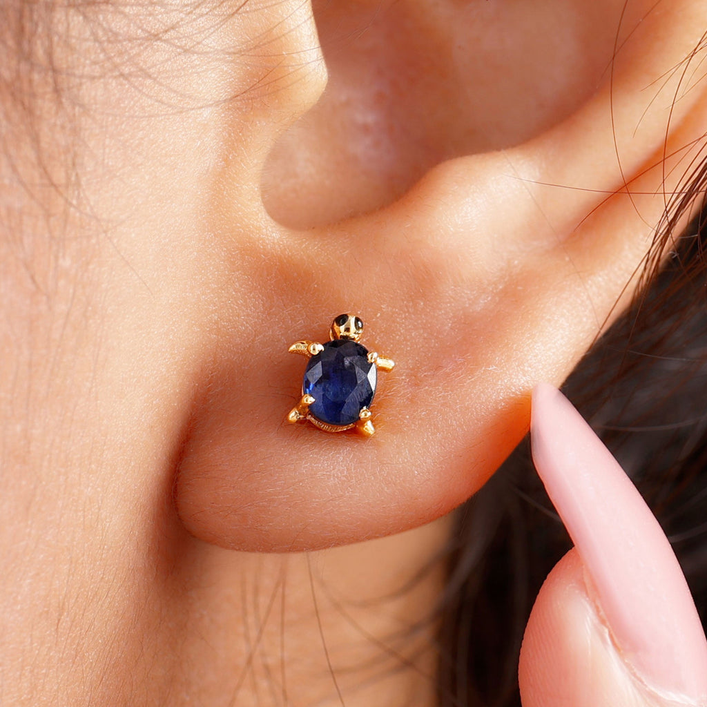 4X6MM Oval Cut Blue Sapphire Sea Turtle Earrings