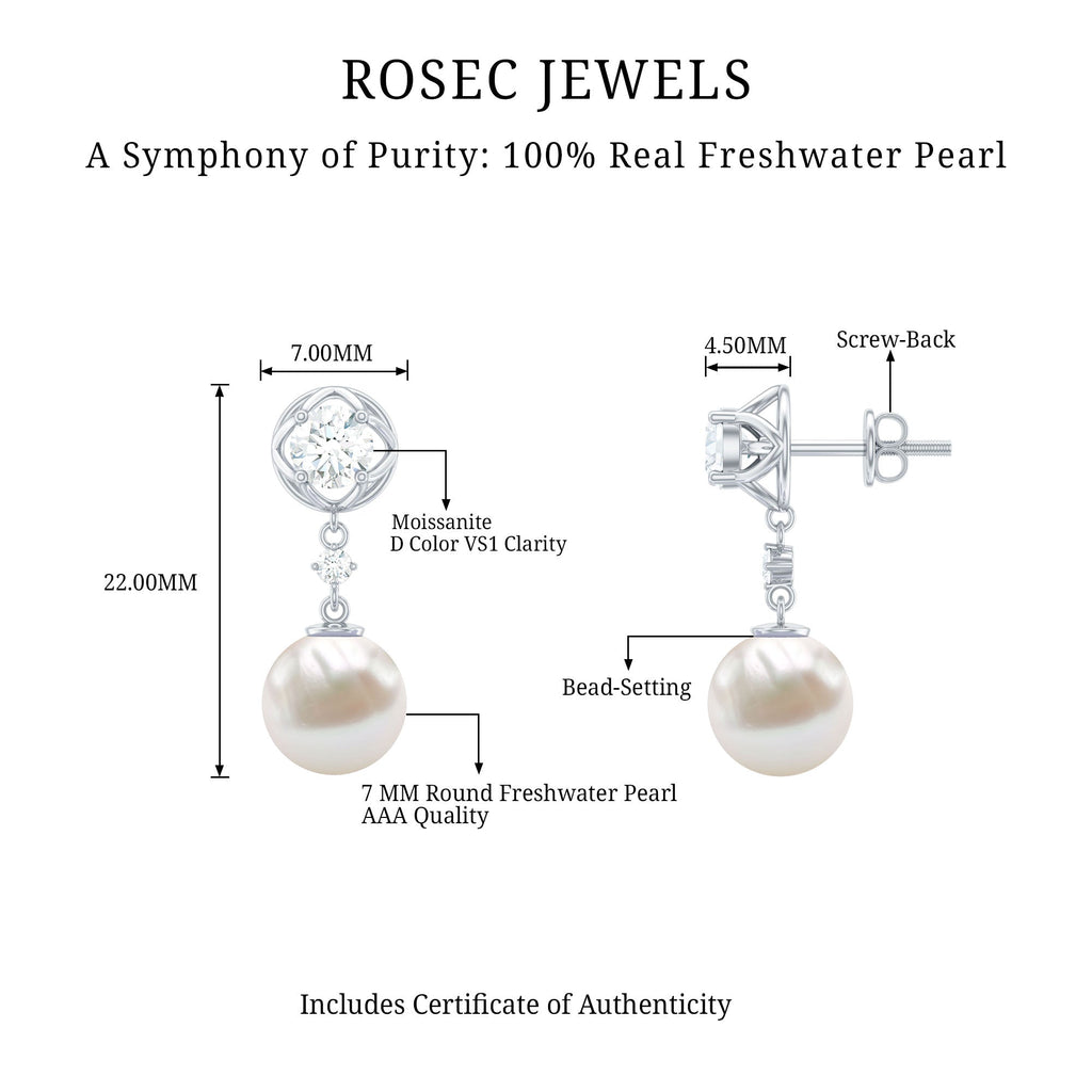 7MM Freshwater Pearl Flower Drop Earrings with Moissanite