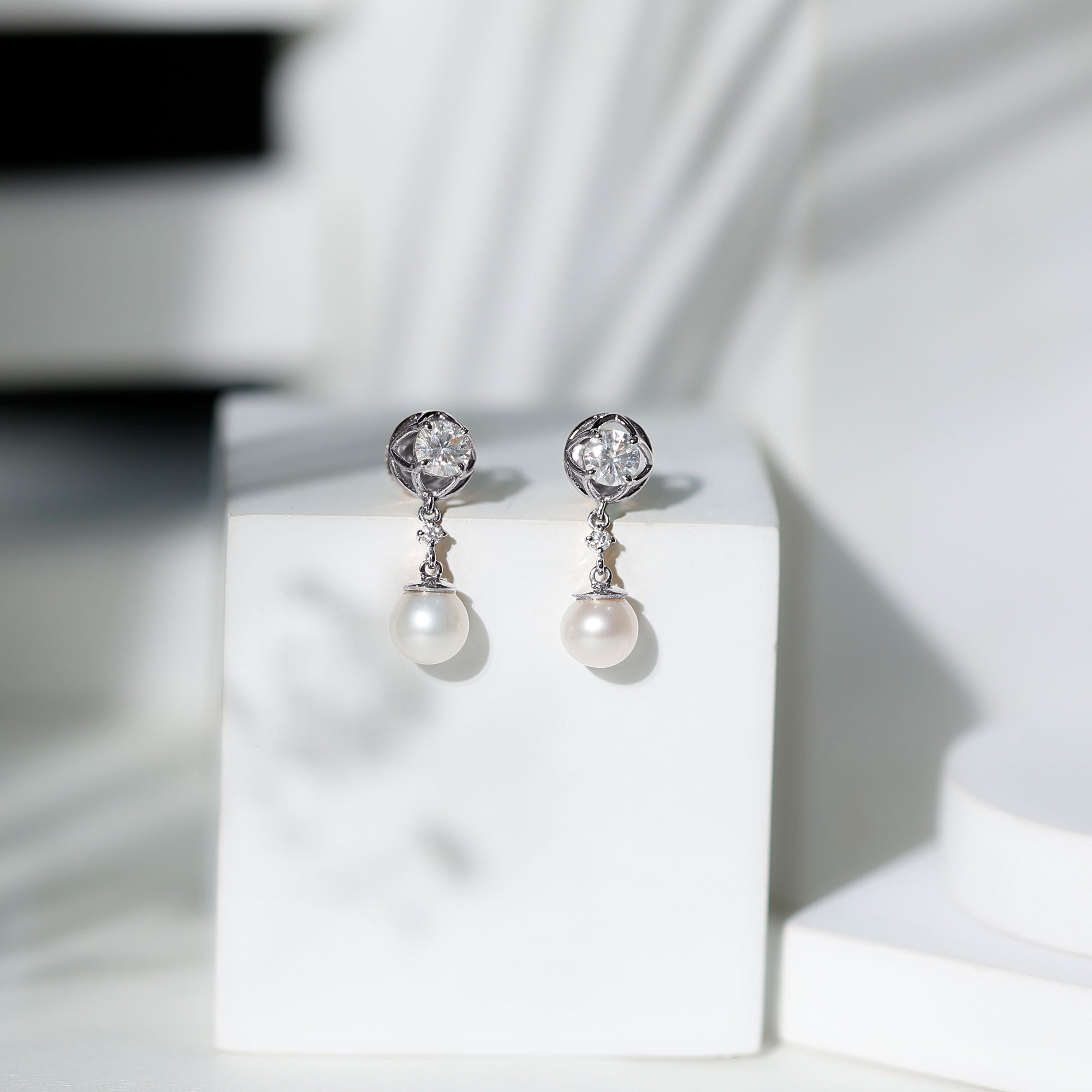 7MM Freshwater Pearl Flower Drop Earrings with Moissanite