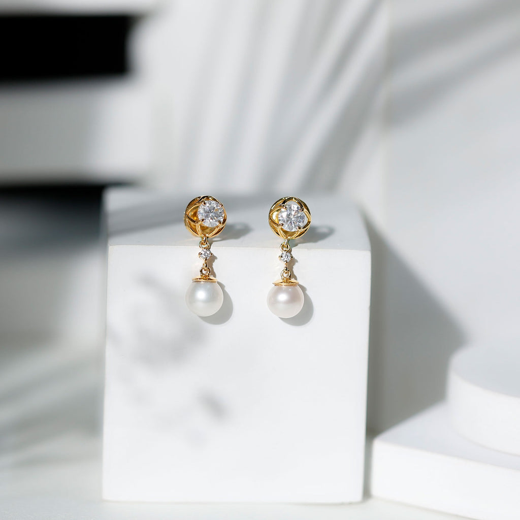 7MM Freshwater Pearl Flower Drop Earrings with Moissanite