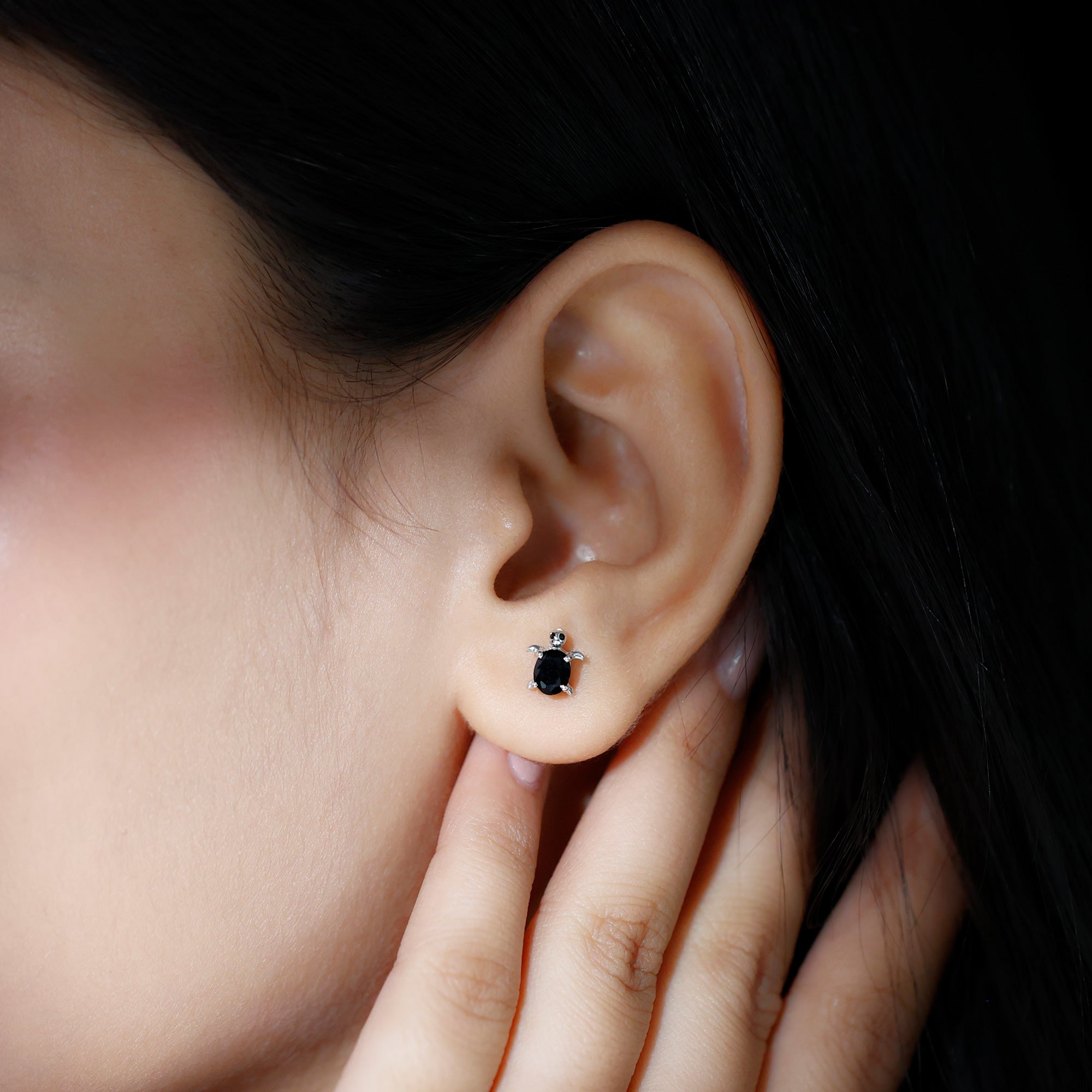 Oval Shaped Black Onyx Turtle Stud Earrings