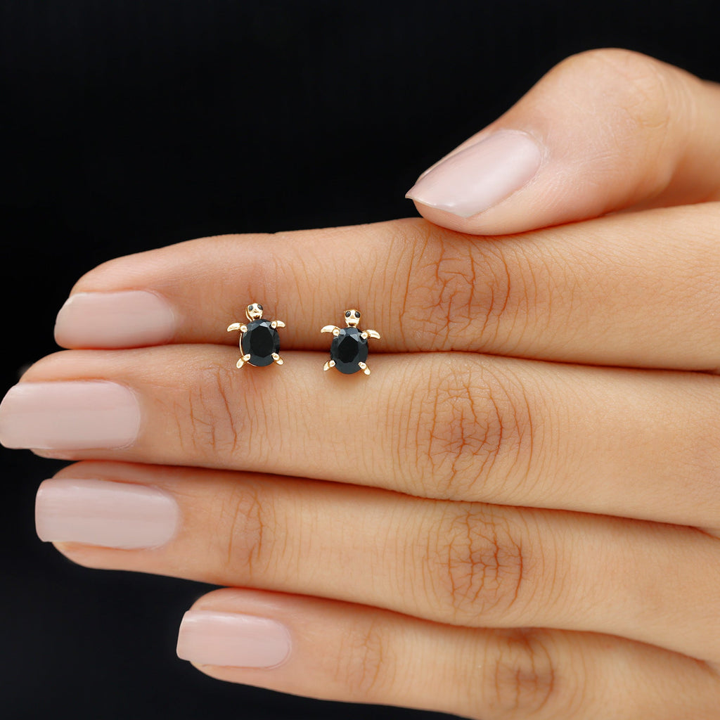 Oval Shaped Black Onyx Turtle Stud Earrings