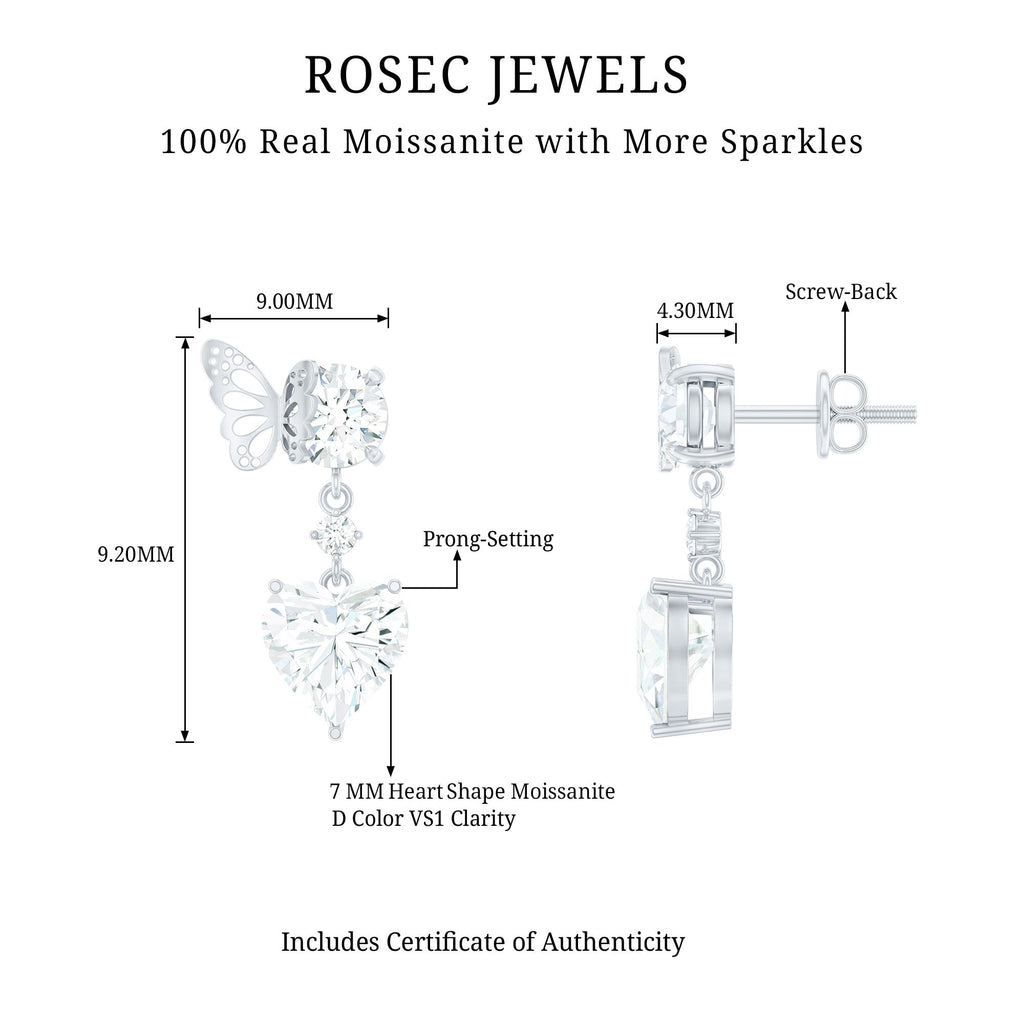 4 CT Heart Shape Moissanite Drop Earrings with Butterfly
