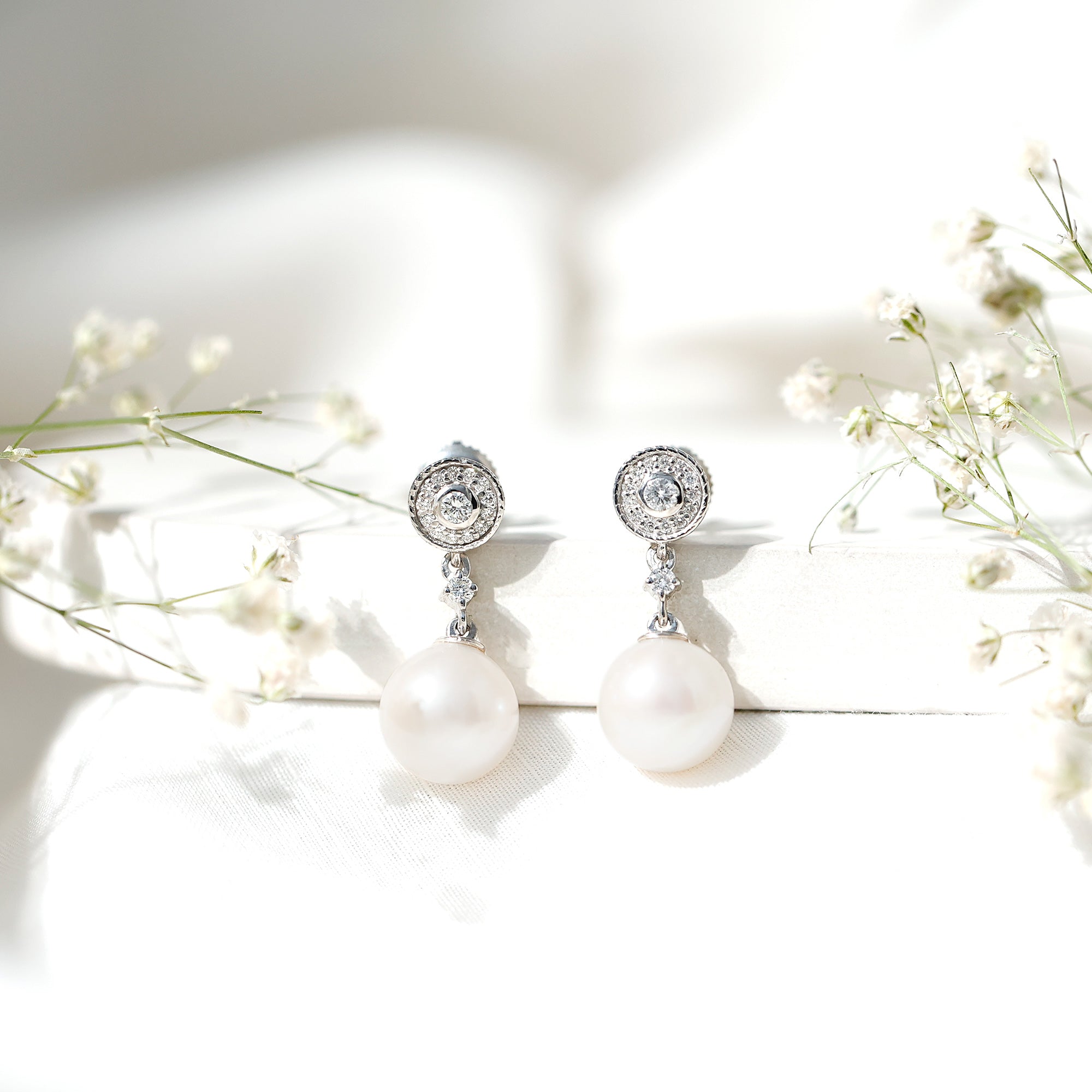Real Pearl and Diamond Dangle Drop Earrings