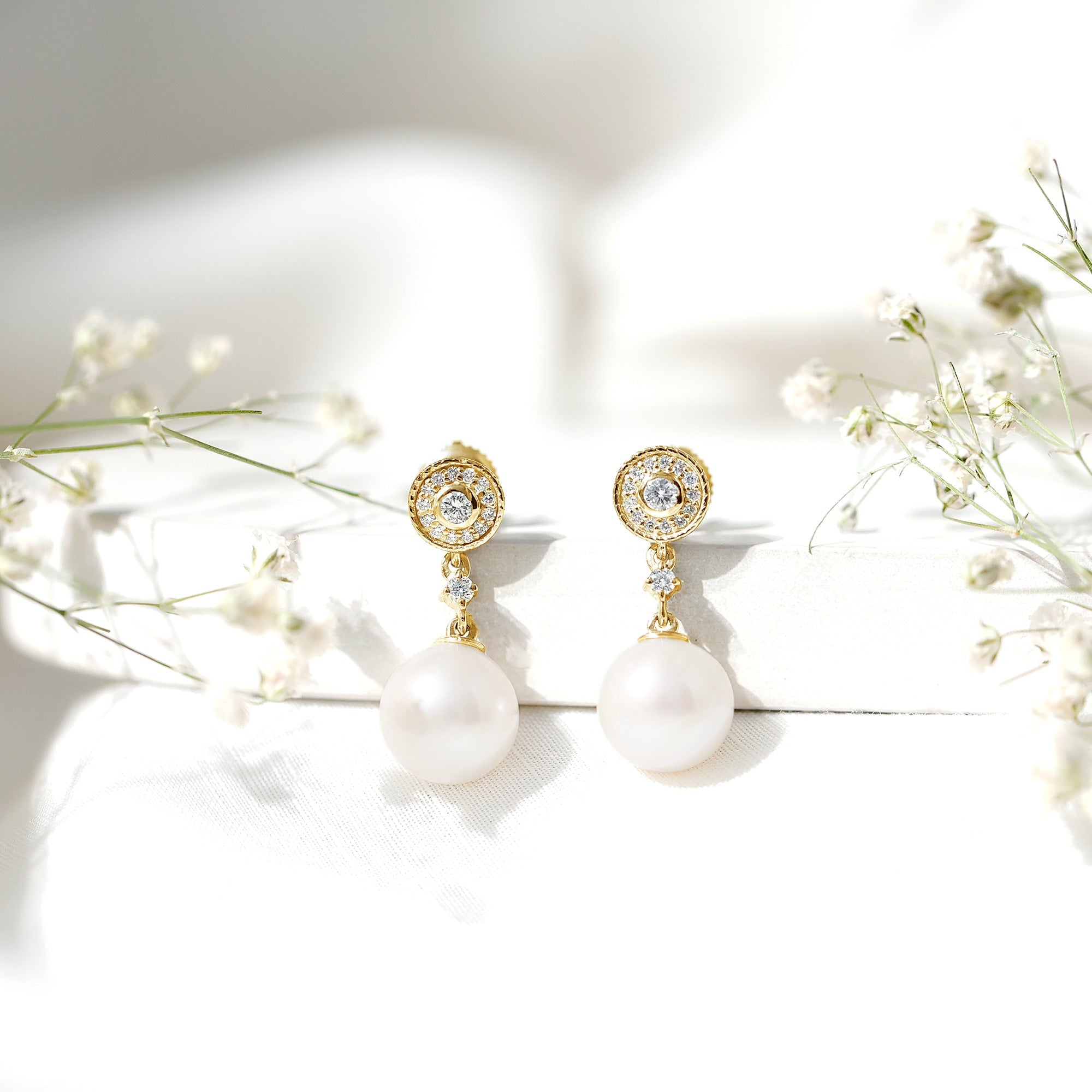 Real Pearl and Diamond Dangle Drop Earrings