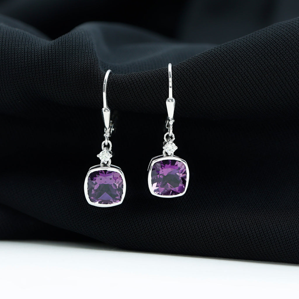4.2 Carat Cushion Cut Amethyst and Diamond Drop Earrings
