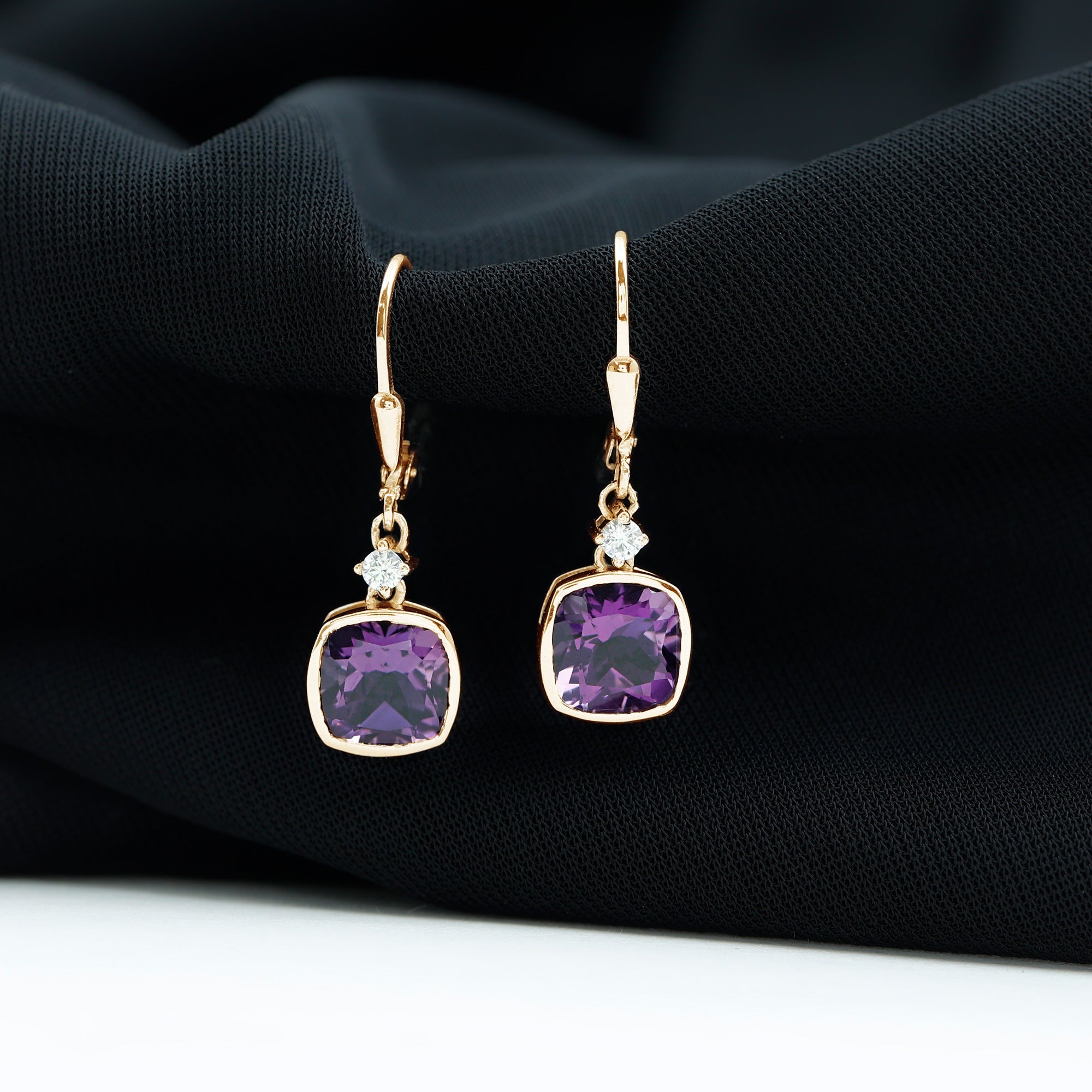 4.2 Carat Cushion Cut Amethyst and Diamond Drop Earrings