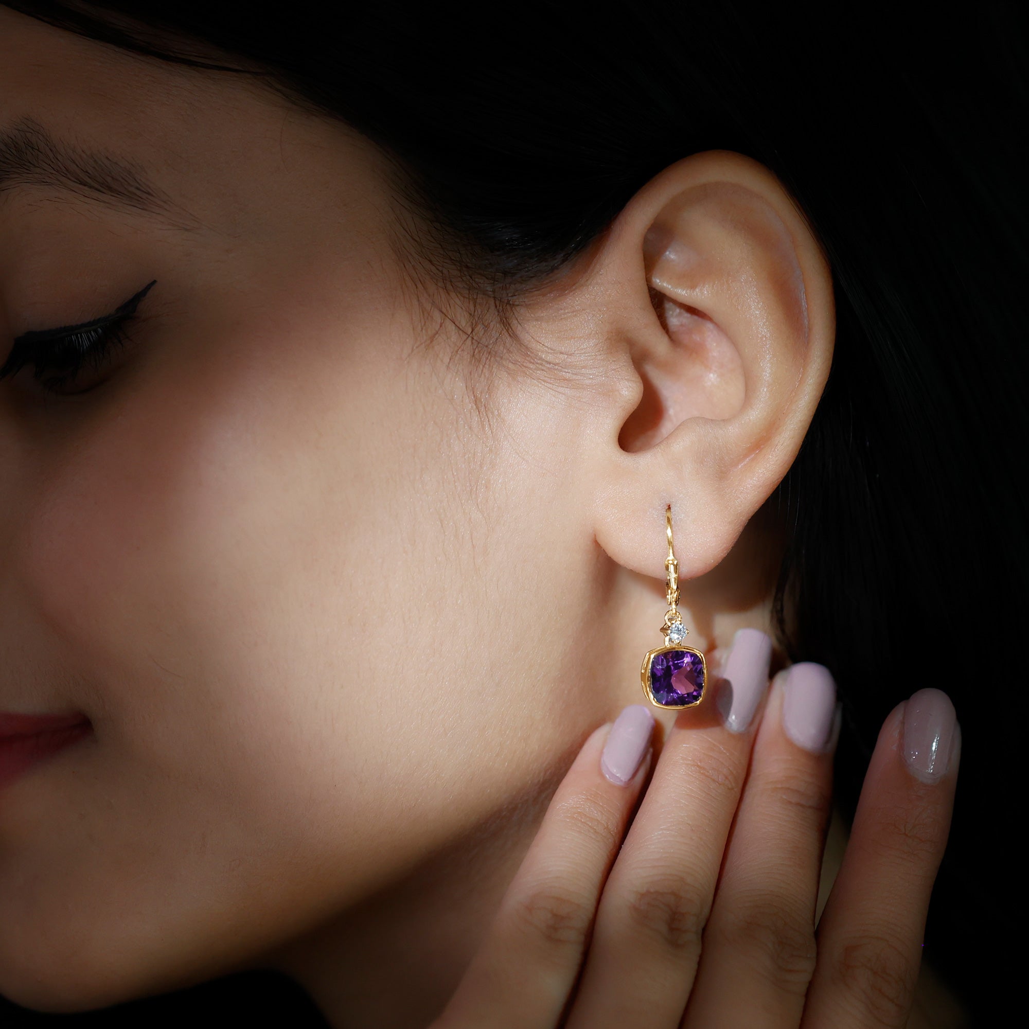 4.2 Carat Cushion Cut Amethyst and Diamond Drop Earrings