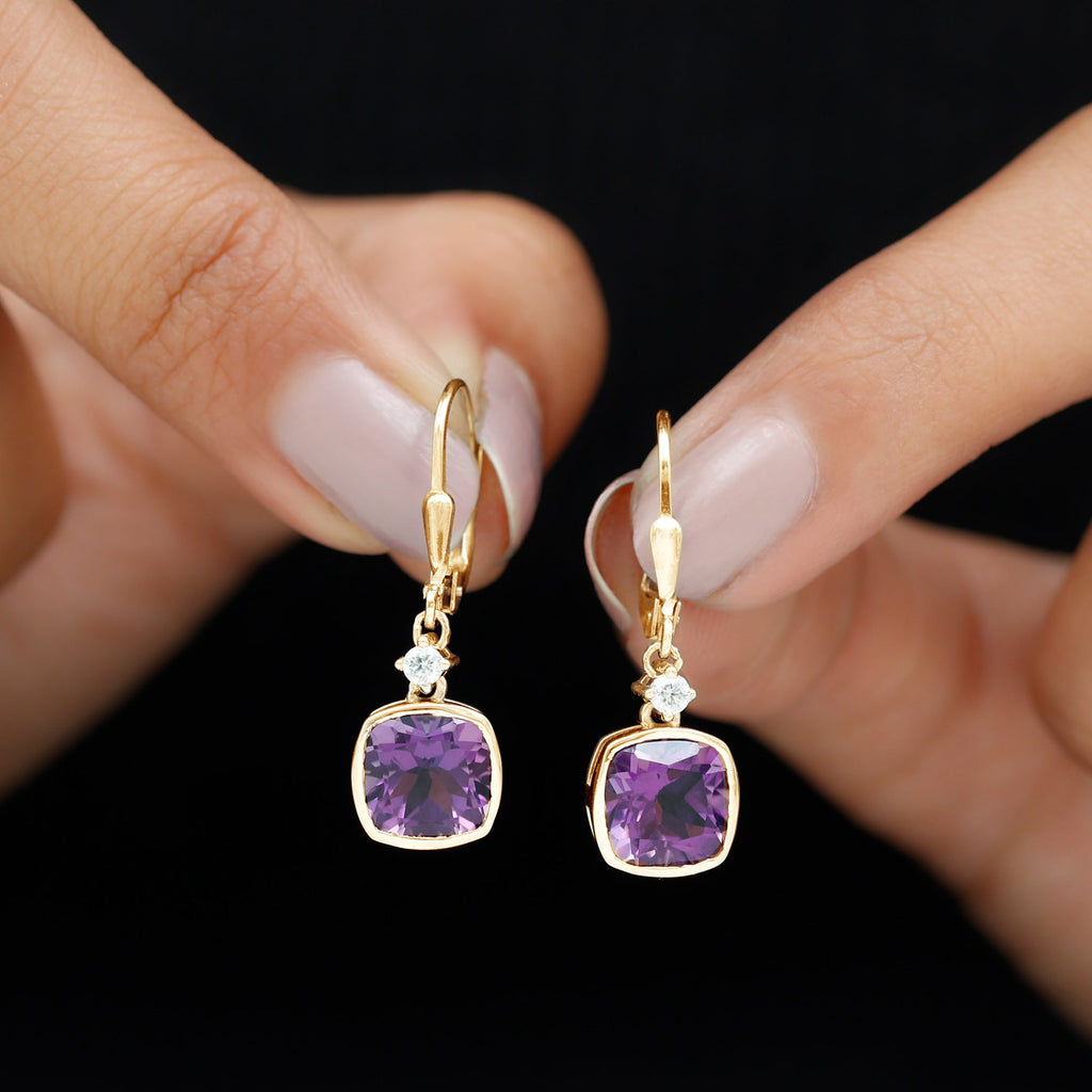 4.2 Carat Cushion Cut Amethyst and Diamond Drop Earrings