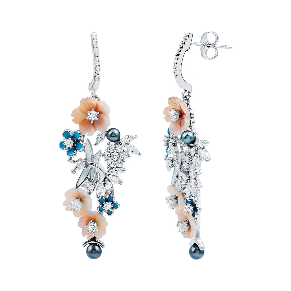 Certified Multi Gemstone Flower Dangle Earrings in Sterling Silver