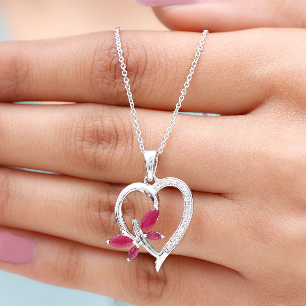 Lab Created Ruby and Diamond Butterfly Heart Necklace