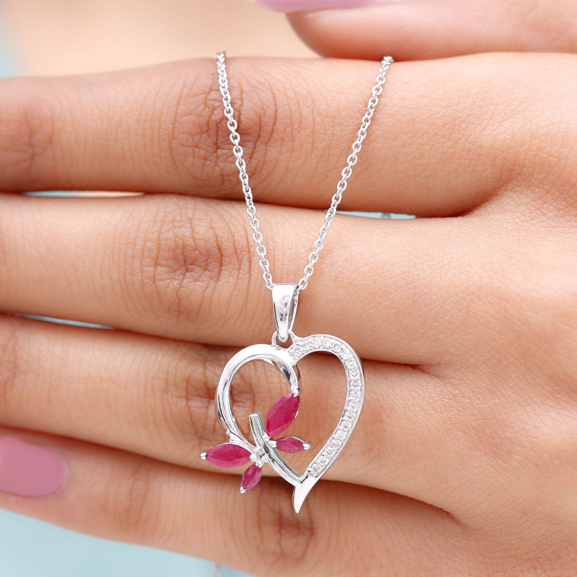 Lab Created Ruby and Diamond Butterfly Heart Necklace
