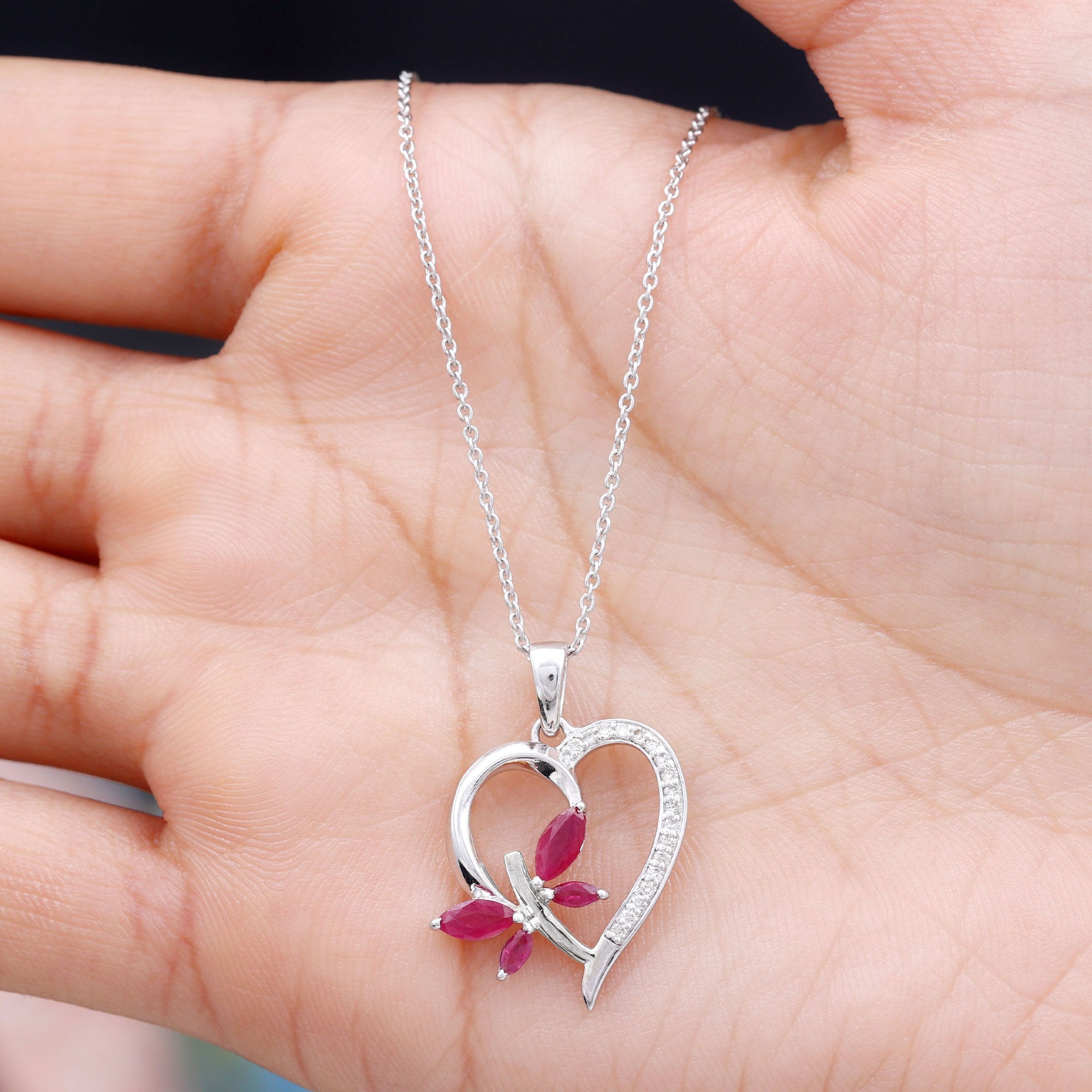 Lab Created Ruby and Diamond Butterfly Heart Necklace