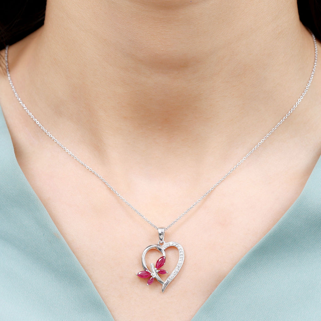 Lab Created Ruby and Diamond Butterfly Heart Necklace