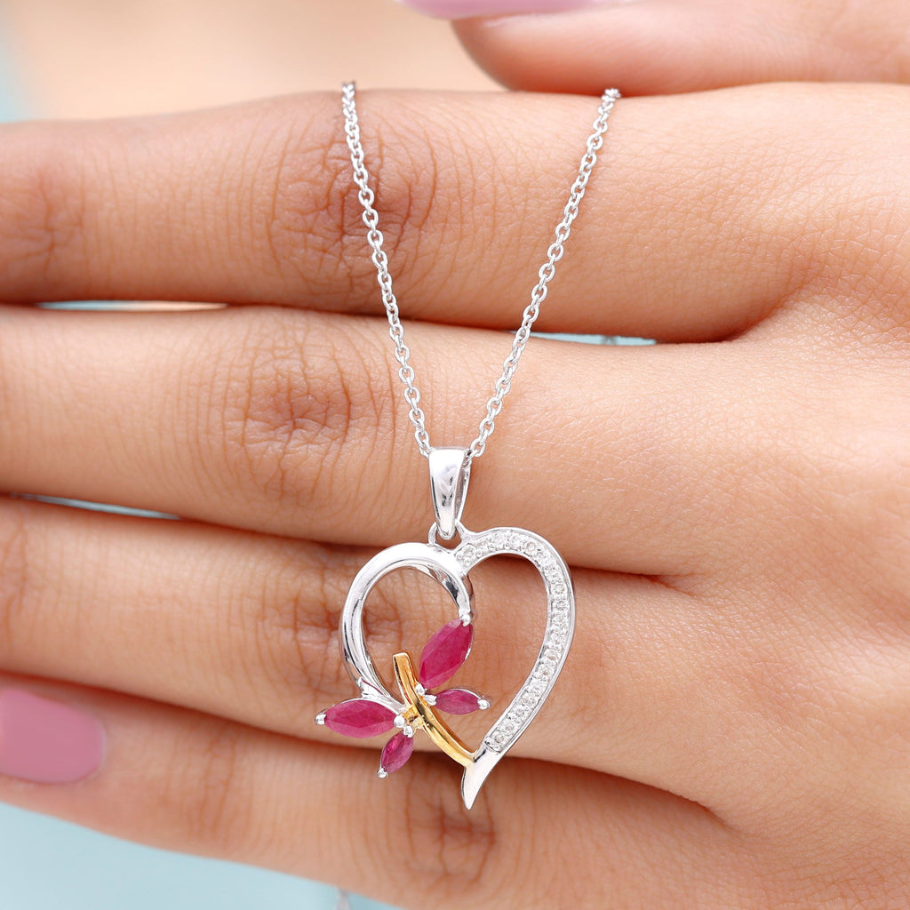Lab Created Ruby and Diamond Butterfly Heart Necklace