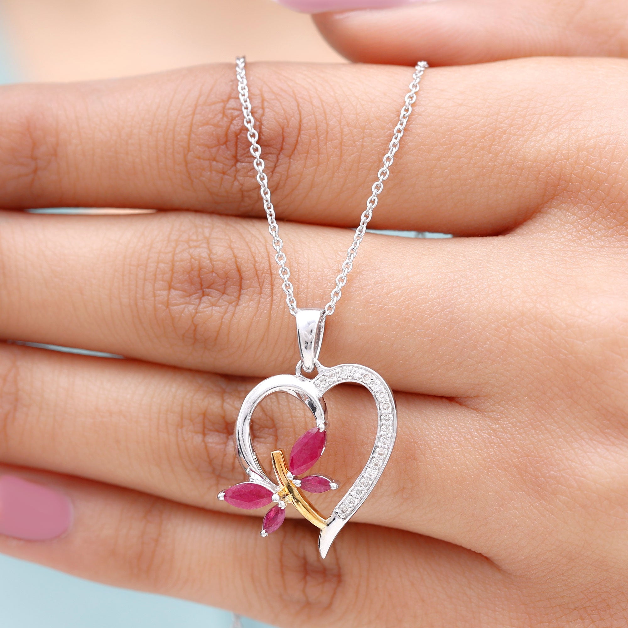 Lab Created Ruby and Diamond Butterfly Heart Necklace
