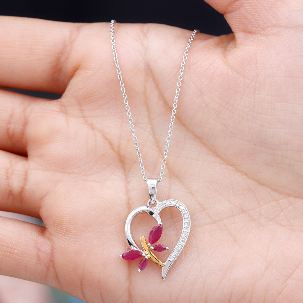 Lab Created Ruby and Diamond Butterfly Heart Necklace