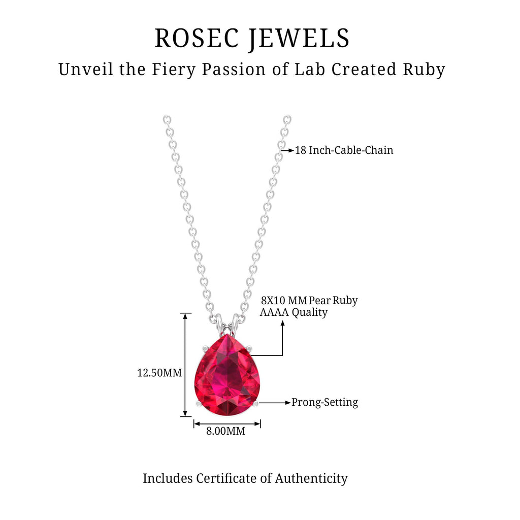 3 CT Pear Cut Lab Grown Ruby Solitaire Pendant Necklace