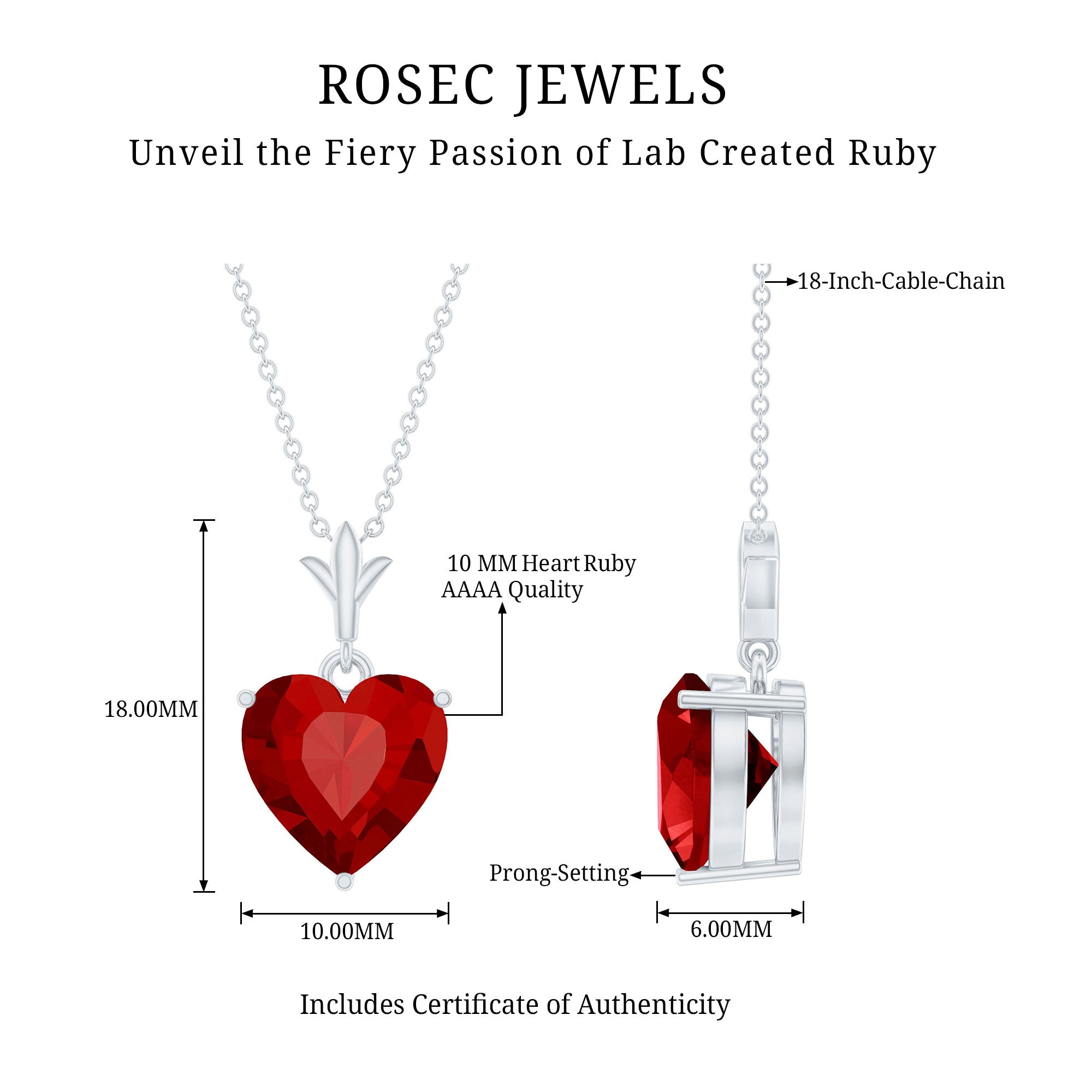 10 MM Lab Grown Ruby Solitaire Heart Necklace