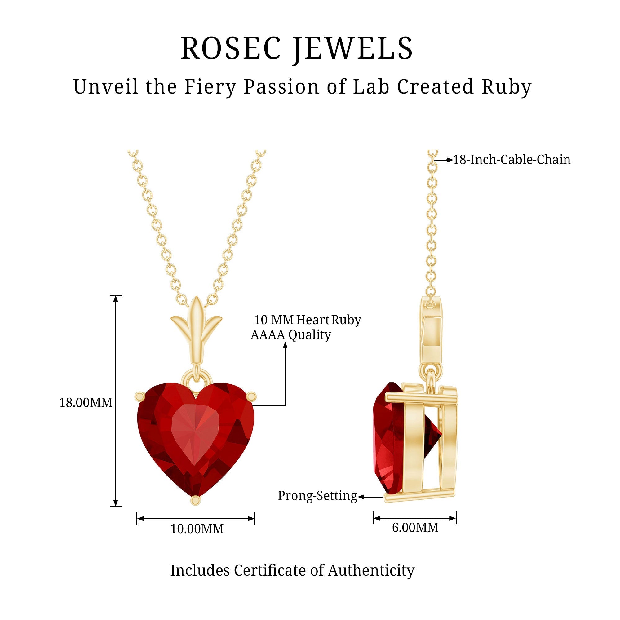 10 MM Lab Grown Ruby Solitaire Heart Necklace
