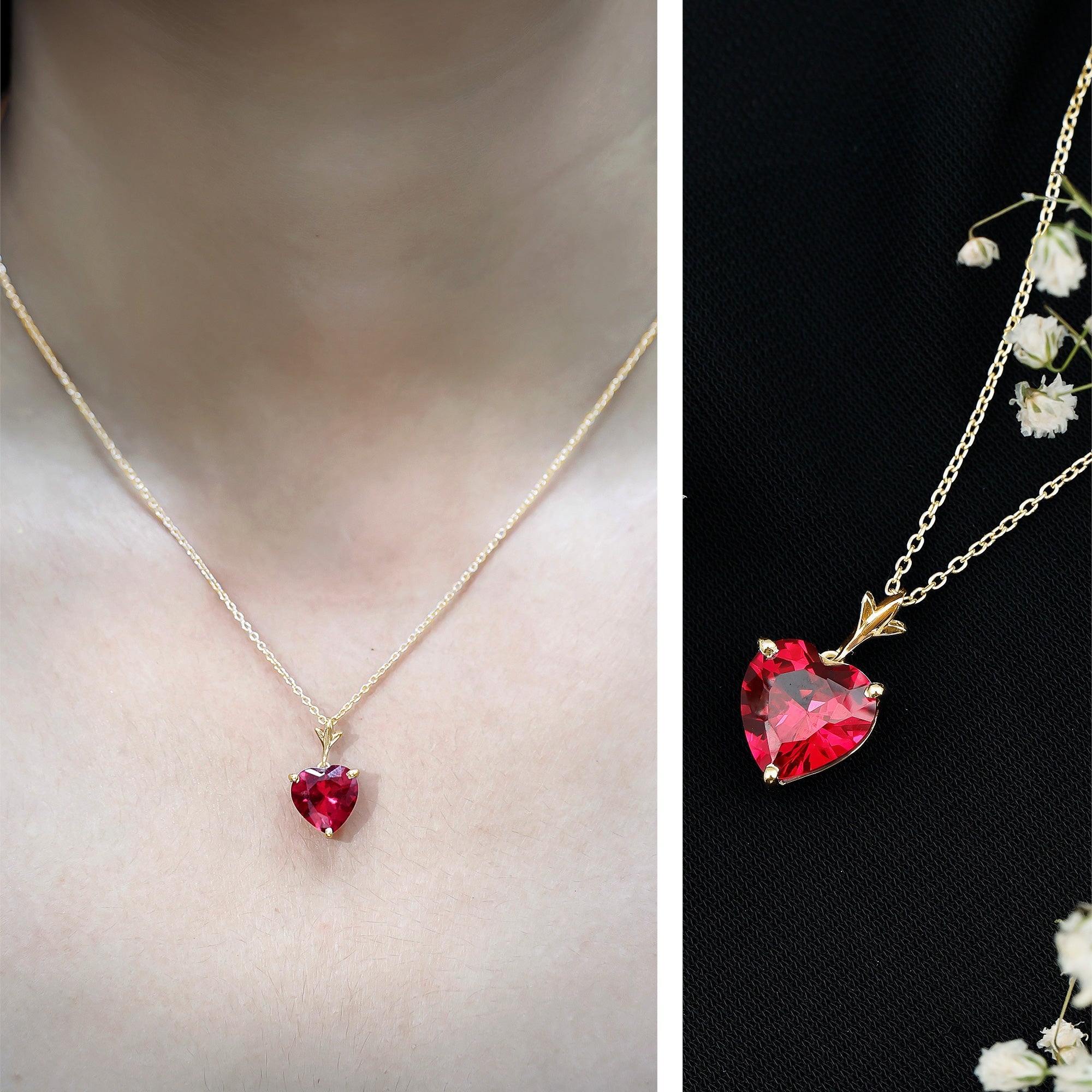 10 MM Lab Grown Ruby Solitaire Heart Necklace