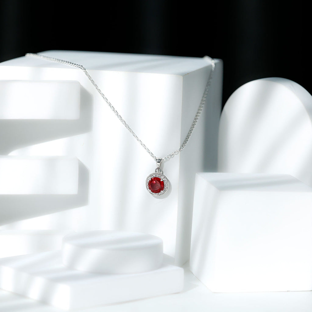 Lab Grown Ruby Round Halo Necklace with Moissanite