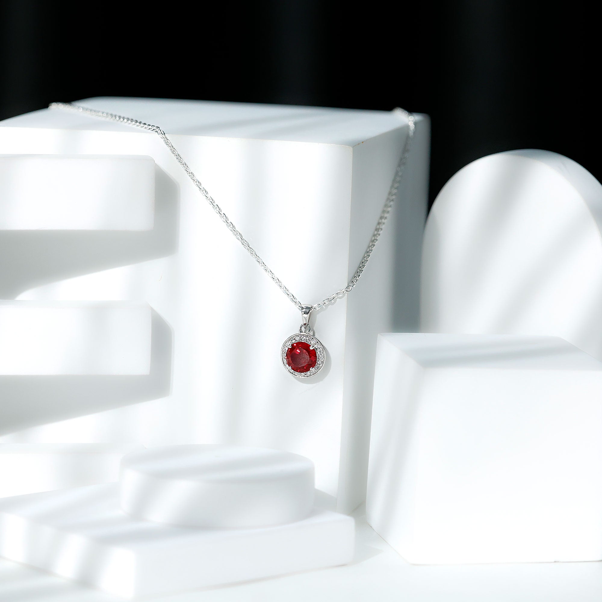 Lab Grown Ruby Round Halo Necklace with Moissanite