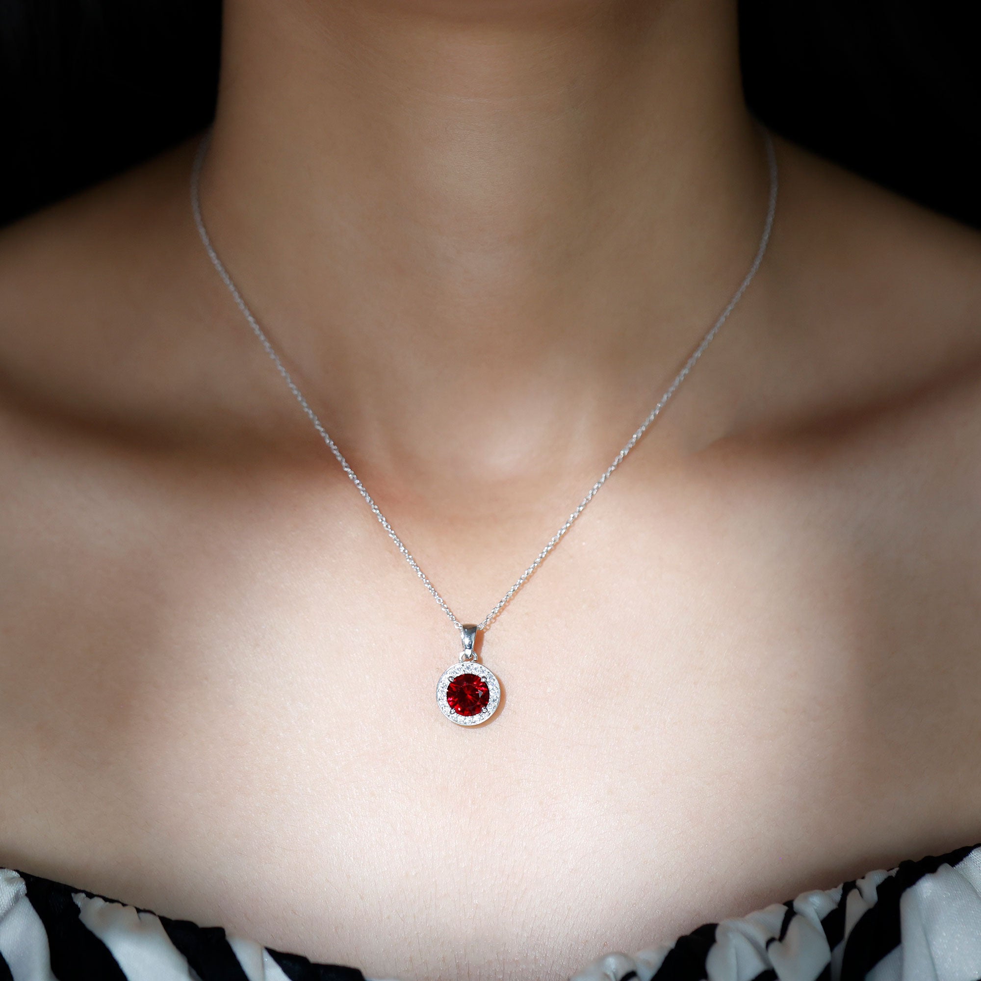 Lab Grown Ruby Round Halo Necklace with Moissanite