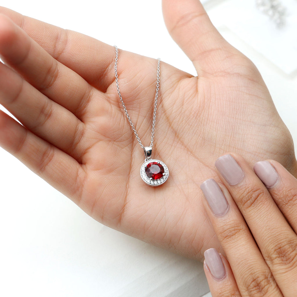 Lab Grown Ruby Round Halo Necklace with Moissanite
