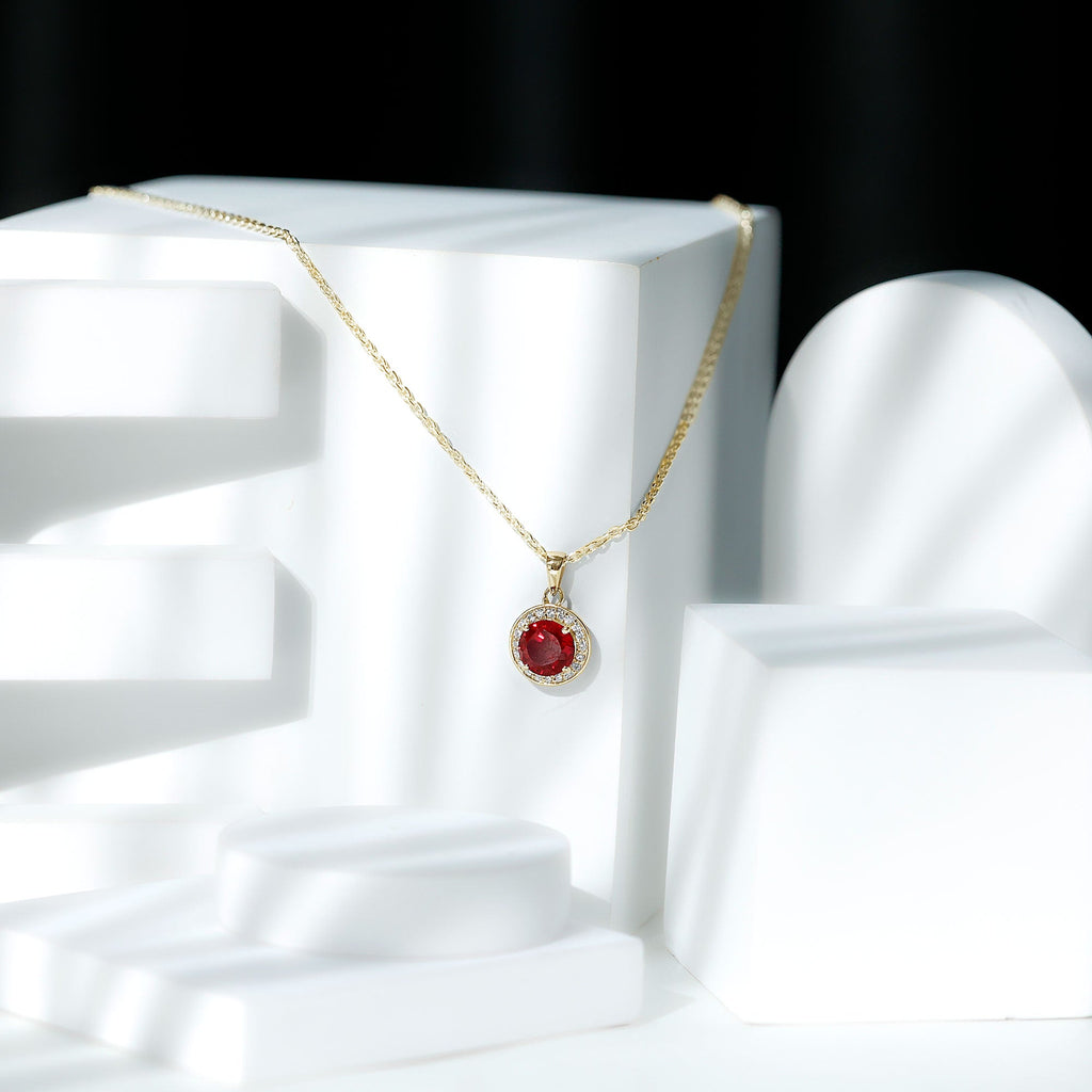 Lab Grown Ruby Round Halo Necklace with Moissanite