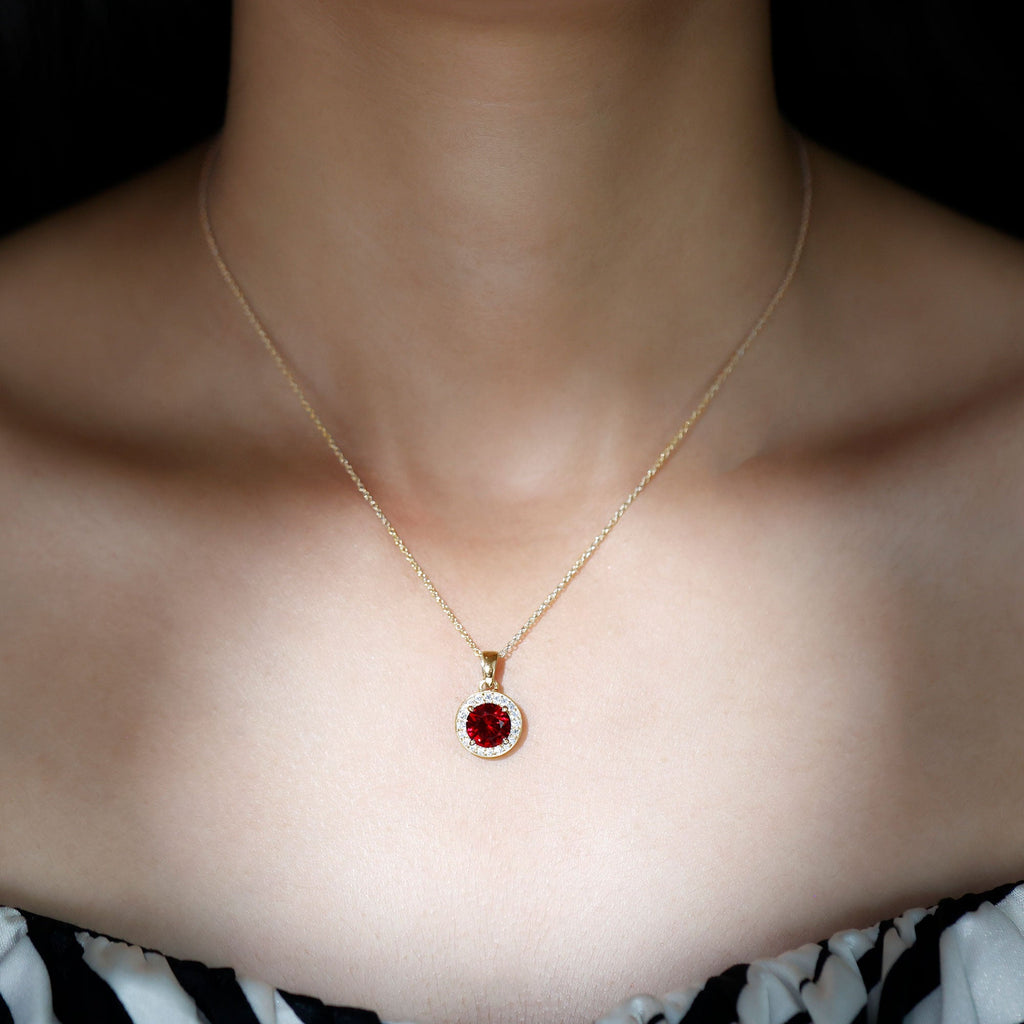 Lab Grown Ruby Round Halo Necklace with Moissanite