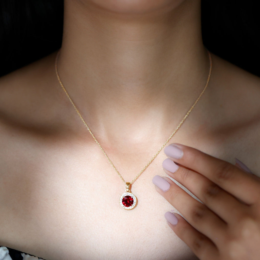 Lab Grown Ruby Round Halo Necklace with Moissanite